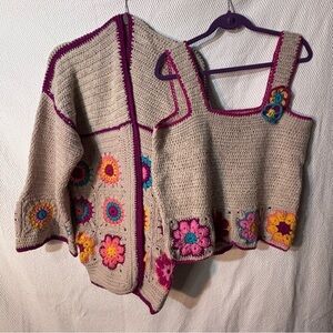 HANDMADE Sz XL Floral Crochet Cardigan Sweater and Top Set - Multicolor NEW
